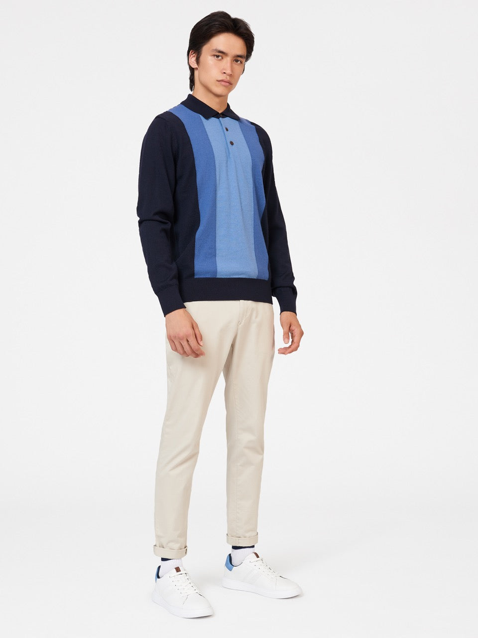 Pull à Col Polo Ben Sherman Block Stripe Merino Bleu Marine | PNZ-07431663